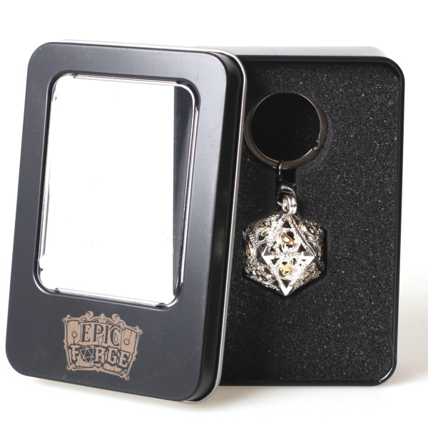 Porte Clé - D20 Argenté et Lot de 7 Mini Dés 5mm