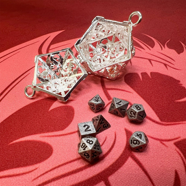 Porte Clé - D20 Argenté et Lot de 7 Mini Dés 5mm