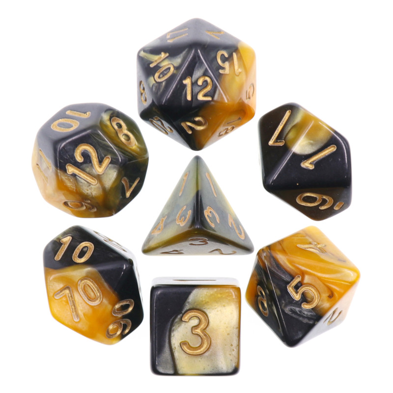 Dé Set de 7 Dés Originaux - Noir et Jaune Mélange de Couleurs