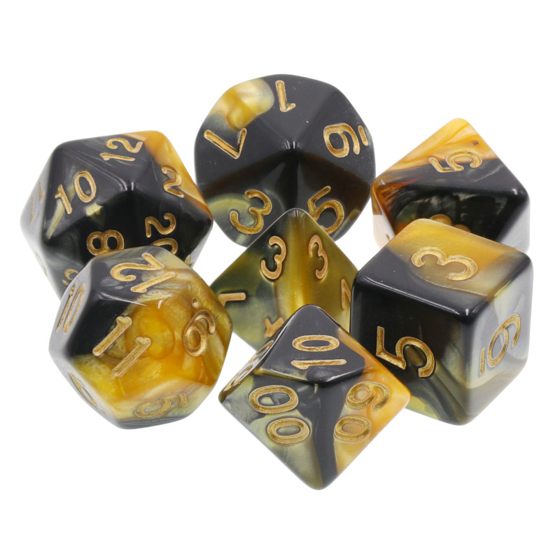 Dé Set de 7 Dés Originaux - Noir et Jaune Mélange de Couleurs