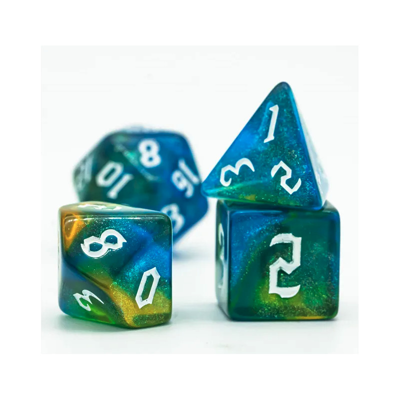 Dé Set de 7 Dés Originaux - Vert et Bleu Paillettes