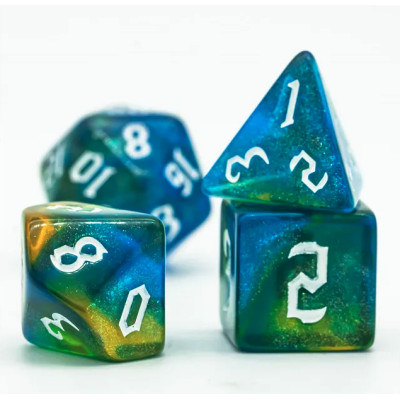 Dé Set de 7 Dés Originaux - Vert et Bleu Paillettes