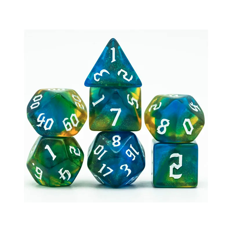 Dé Set de 7 Dés Originaux - Vert et Bleu Paillettes