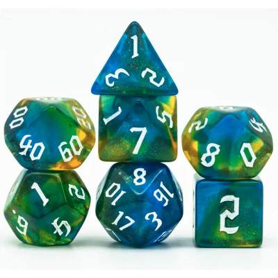 Dé Set de 7 Dés Originaux - Vert et Bleu Paillettes