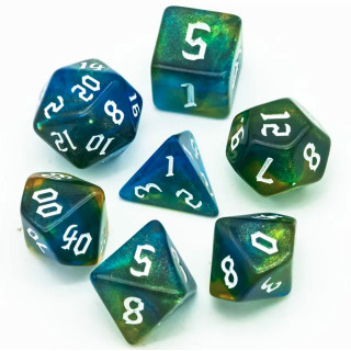 Dé Set de 7 Dés Originaux - Vert et Bleu Paillettes