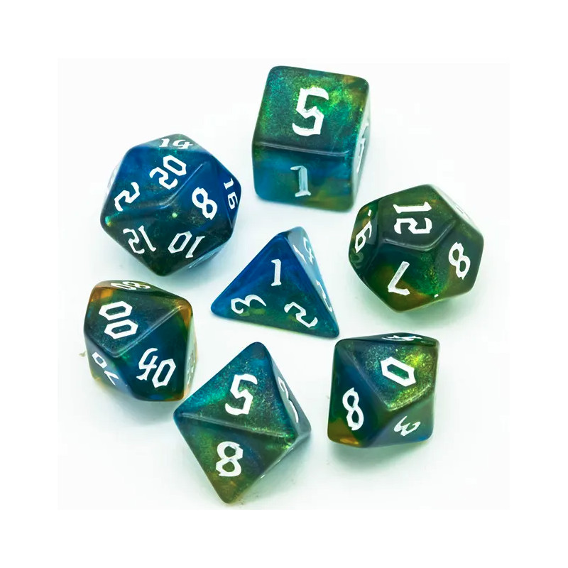 Dé Set de 7 Dés Originaux - Vert et Bleu Paillettes