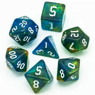 Dé Set de 7 Dés Originaux - Vert et Bleu Paillettes