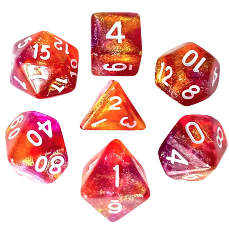 Dé Set de 7 Dés Originaux - Violet et Orange Paillettes