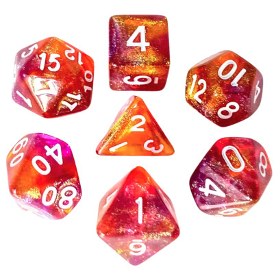 Dé Set de 7 Dés Originaux - Violet et Orange Paillettes