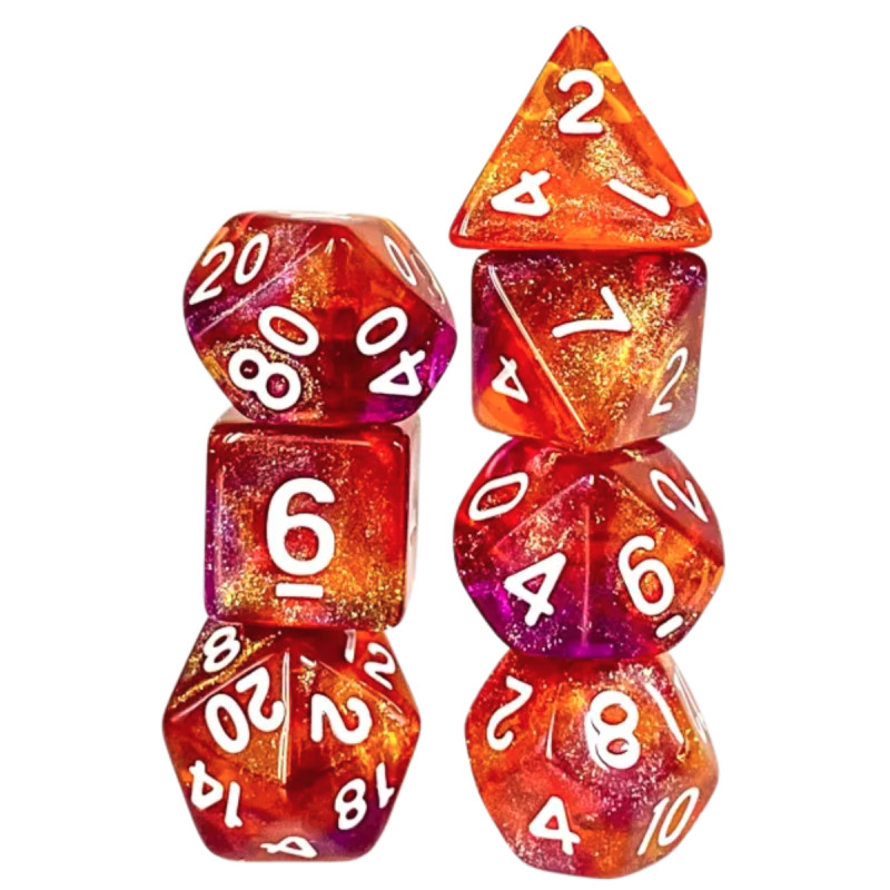 Dé Set de 7 Dés Originaux - Violet et Orange Paillettes