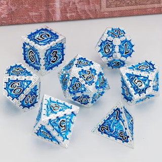 Dé Set de 7 Dés Métal - Dragon Enchainé Argent Bleu