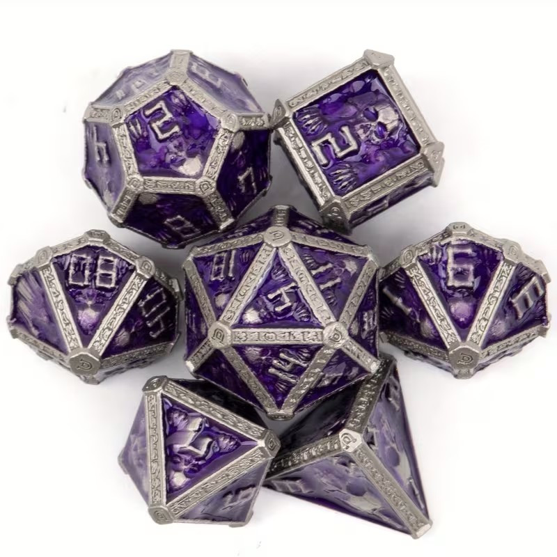 Dé Set de 7 Dés Métal - Crâne Argent et Violet