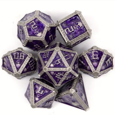 Dé Set de 7 Dés Métal - Crâne Argent et Violet