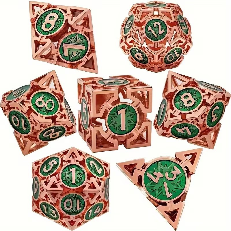 Dé Set de 7 Dés Métal Creux - Forge Vert et Rouge Patiné
