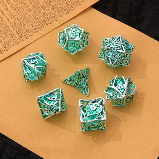 De Set de 7 Dés Métal Creux - Feuilles Vert Argenté