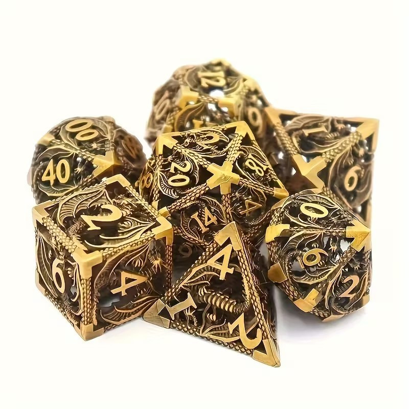 De Set de 7 Dés Métal Creux - Dragon Bronze Doré