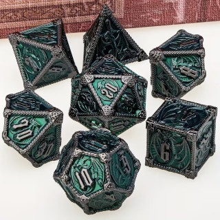 Dé Set de 7 Dés Métal - Dragon Enchaîné Fond Vert