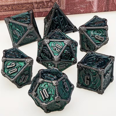 Dé Set de 7 Dés Métal - Dragon Enchaîné Fond Vert
