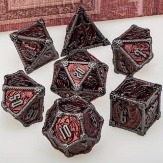Dé Set de 7 Dés Métal - Dragon Enchaîné Fond Rouge Sang