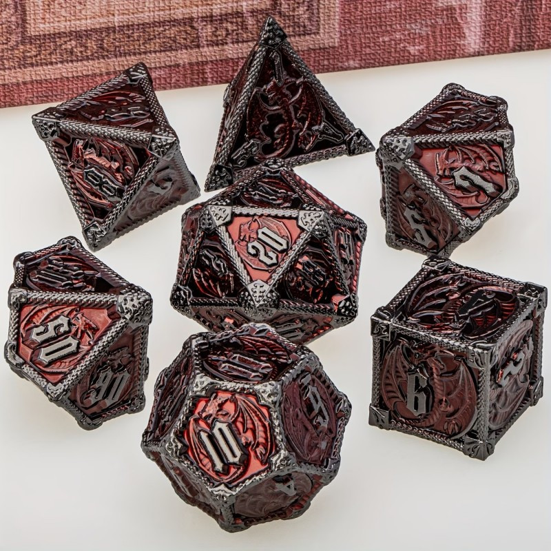 Dé Set de 7 Dés Métal - Dragon Enchaîné Fond Rouge Sang